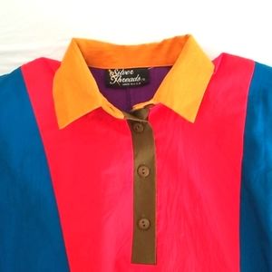 Silver Threads Purple Orange Blue Color Block  Top